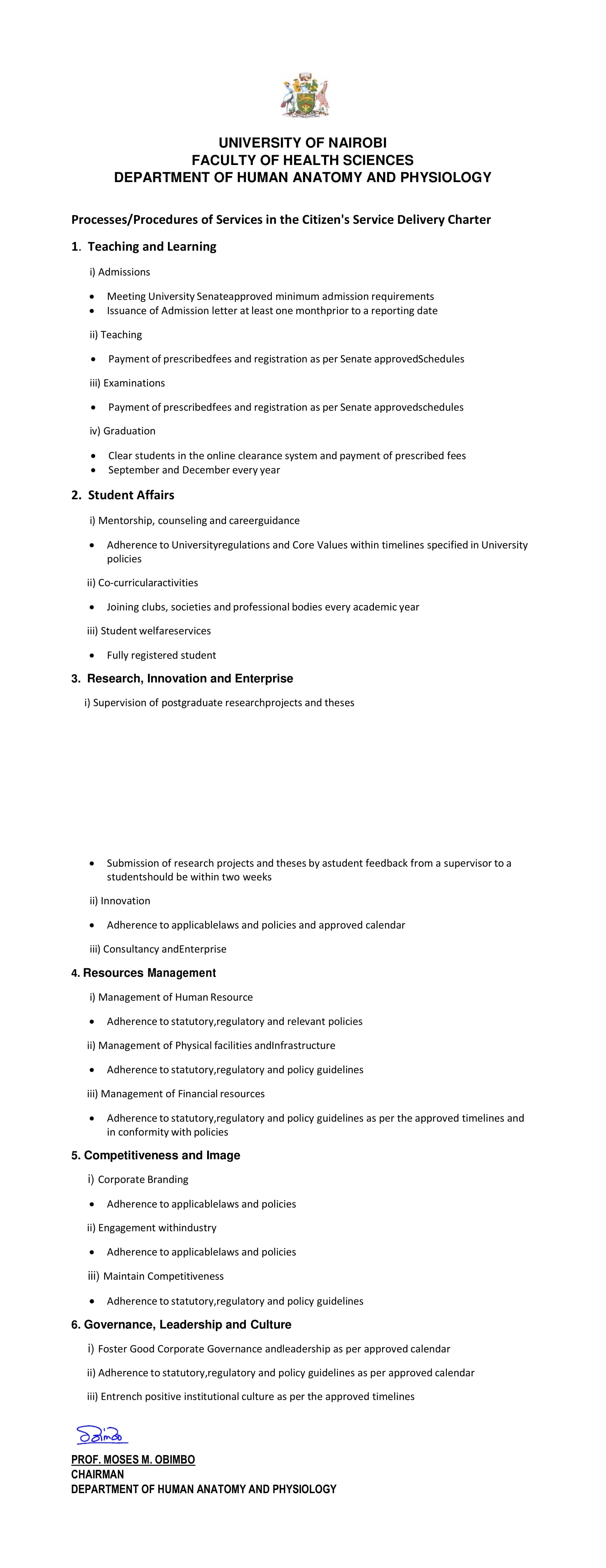 Processes/Procedures of Services in the Citizen's Service Delivery Charter