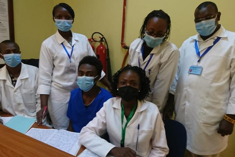 Mortuary Science course students: Japheth K., Mercy M.,  Elizabeth N., Serah Ngethe and Patricia N. under the cordination of Jecinta Waciuri and Robert Chemjor on practical rotation at Chiromo Funeral Palour